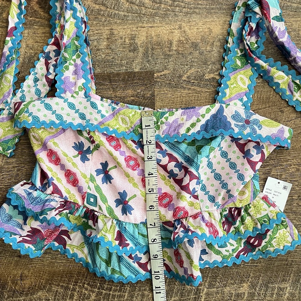 TCEC‎ Multicolor Patchwork Print Boho Crop Top Ruffle Hem Women's Medium Fun - Picture 8 of 9